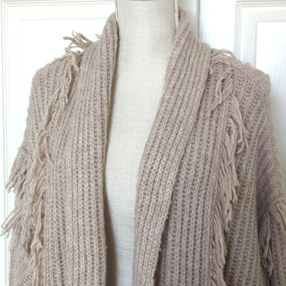 Anthropologie Amanza Fringed Cardigan Sweater Taupe - Picture 3 of 8